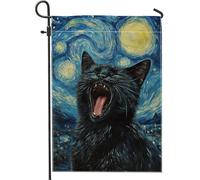 Bandiera da giardino con gatto estivo, gatto nero che sbadiglia sulla notte stellata, bandiere decorative per la casa, in iuta su entrambi i lati, decorazione per prato all'aperto, regalo per amanti
