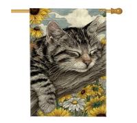Bandiera da giardino con gatto estivo, grazioso gattino soriano addormentato con girasoli per la casa, bandiera in iuta su entrambi i lati, decorazione per prato all'aperto, 71 x 101 cm