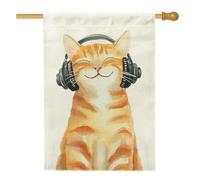 Bandiera da giardino con gatto felice, bandierina arancione soriana con cuffie, striscione decorativo per la casa, bandiera su entrambi i lati per prato per primavera estate decorazione esterna 71 x