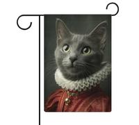 Bandiera da giardino con gatto grigio che indossa un abito reale rosso, bandiera da giardino per vacanze stagionali in iuta su entrambi i lati, 30,5 x 45,7 cm