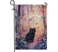 Bandiera da giardino con gatto magico, decorazione incantevole scena forestale, bandiera esterna su entrambi i lati per vacanze autunnali invernali, design mistico con farfalle e fiori, decorazione