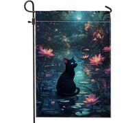 Bandiera da giardino con gatto mistico, blu crepuscolo lunare floreale per esterni, bandiera da giardino su entrambi i lati per feste estive, decorazione da giardino incantata per gattini 30,5 x 45,7