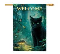 Bandiera da giardino con gatto mistico, decorazione a farfalla della foresta incantata verde, striscione su entrambi i lati per esterni in iuta per la decorazione della casa autunnale 71 x 101 cm