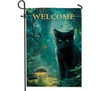 Bandiera da giardino con gatto mistico, decorazione a farfalla della foresta incantata verde, striscione su entrambi i lati per esterni in iuta per la decorazione della casa autunnale 30,5 x 45,7 cm