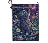 Bandiera da giardino con gatto mistico della galassia, striscione floreale grigio felino decorazione per la casa, doppio lato, in poliestere, decorazione per prato all'aperto, perfetta per l'uso tutto