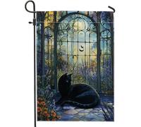 Bandiera da giardino con gatto mistico, felino nero con paesaggio floreale, bandiera decorativa per la casa, decorazione per esterni su entrambi i lati, per primavera estate 30,5 x 45,7 cm