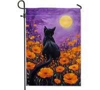 Bandiera da giardino con gatto nel campo di fiori di papavero, decorazione per esterni luna viola, bandiera su entrambi i lati per primavera estate cortile per la decorazione della casa del prato 30,5