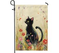 Bandiera da giardino con gatto nel campo di fiori, graziosa bandiera primaverile estiva per la casa in iuta, decorazione da giardino su entrambi i lati, ideale per gli amanti degli animali, 30,5 x
