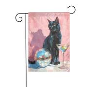 Bandiera da giardino con gatto nero e palla da discoteca 30 x 45 cm verticale su entrambi i lati per case coloniche decorazioni esterne bandiera cortile