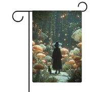 Bandiera da giardino con gatto nero nella foresta, fiori e funghi, bandiera stagionale in iuta su entrambi i lati, 30,5 x 45,7 cm