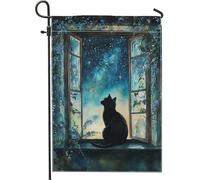 Bandiera da giardino con gatto notte stellata di mezzanotte, scena felina nera, decorazione per esterni, bandiere da giardino in iuta su entrambi i lati per una decorazione accogliente della casa