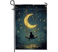 Bandiera da giardino con gatto notturno incantato, gatto oscillante sotto la luce di luna, decorazione per prato esterno su entrambi i lati, decorazione per la casa autunnale, bandiere da giardino