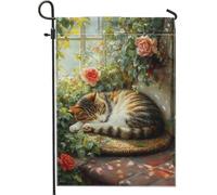 Bandiera da giardino con gatto primaverile e estivo, accogliente gatto soriano addormentato nel giardino delle rose, bandiera decorativa su entrambi i lati per cortile per la casa e la decorazione del
