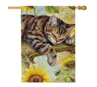 Bandiera da giardino con gatto primaverile e estivo, bandiera decorativa per la casa con tigrato che dorme rilassato, bandiera colorata su entrambi i lati, decorazione per prato all'aperto, 71 x 101