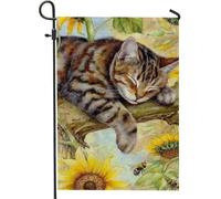 Bandiera da giardino con gatto primaverile e estivo, bandiera decorativa per la casa con tigrato che dorme rilassato, bandiera colorata su entrambi i lati, decorazione per prato all'aperto, 30,5 x