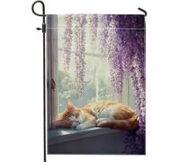 Bandiera da giardino con gatto primaverile e estivo, motivo tigrato arancione che dorme vicino al glicine, bandiera decorativa per la casa, bandiera in iuta su entrambi i lati, decorazione per esterni