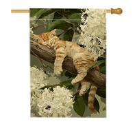 Bandiera da giardino con gatto primaverile e estivo, soriano arancione che dorme sul ramo di un albero, decorazione per la casa e il giardino, bandiera da giardino in iuta su entrambi i lati