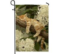 Bandiera da giardino con gatto primaverile e estivo, soriano arancione che dorme sul ramo di un albero, decorazione per la casa e il giardino, bandiera da giardino in iuta su entrambi i lati
