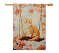 Bandiera da giardino con gatto primaverile e estivo su altalena, bandierina decorativa per la casa, motivo floreale soriano arancione, decorazione per la casa, in iuta su entrambi i lati, 71 x 101 cm