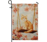 Bandiera da giardino con gatto primaverile e estivo su altalena, motivo floreale soriano arancione, decorazione per la casa, double face, in iuta, per esterni, 30,5 x 45,7 cm