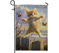 Bandiera da giardino con gatto primaverile ed estate, arancione soriano gattino farfalla, decorazione per la casa e il giardino, bandiera da giardino in iuta su entrambi i lati, per amanti degli
