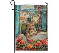 Bandiera da giardino con gatto primaverile estivo e finestra, motivo floreale con gatto soriano grigio, bandiera rustica su entrambi i lati, decorazione per prato all'aperto, 30,5 x 45,7 cm