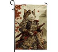 Bandiera da giardino con gatto samurai, foglie autunnali e guerriero felino, decorazione per la casa da giardino, bandiera da giardino in iuta su entrambi i lati, decorazione per esterni, 30,5 x 45,7