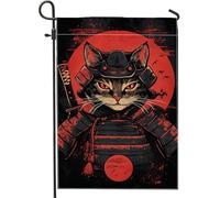 Bandiera da giardino con gatto samurai, guerriero felino rosso nero, decorazione per esterni, bandiera da cortile in iuta su entrambi i lati, per la decorazione della casa e del prato, 30,5 x 45,7 cm
