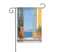 Bandiera da giardino con gatto seduto su una terrazza greca, 30 x 45 cm, verticale, double face, decorazione per casa colonica