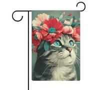 Bandiera da giardino con gatto soriano grigio con corona floreale per vacanze stagionali in iuta su entrambi i lati, 30,5 x 45,7 cm
