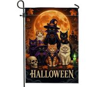 Bandiera da giardino con gatto strega a tema Halloween, 30,5 x 45,7 cm | Cappelli da strega, bandiera del prato, luna piena, dimora infestata, foglie autunnali, teschio spettrale