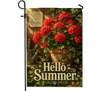 Bandiera da giardino con gerani, annaffiatoio estivo rustico con edera rossa su entrambi i lati, decorativa, per esterni, patio, prato, portico anteriore, balcone, 30,5 x 45,7 cm