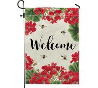 Bandiera da giardino con gerani rossi primaverili ed estivi, bandiera da giardino con api, decorazione floreale su entrambi i lati, decorazione per la casa e il prato, decorazione per esterni per