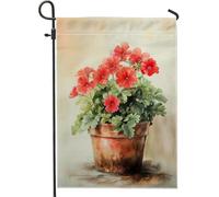 Bandiera da giardino con gerani rossi primaverili ed estivi, decorazione per esterni con piante in vaso, bandiera da cortile, bandiera in iuta su entrambi i lati per la decorazione del prato domestico