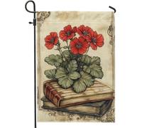 Bandiera da giardino con gerani rossi primaverili ed estivi, vintage con libri botanici per la casa, striscione decorativo in tessuto su entrambi i lati, bandiera da giardino per esterni, 30,5 x 45,7
