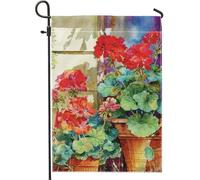 Bandiera da giardino con gerani rossi vivaci, decorazione floreale estiva da parete, decorazione per la casa, bandiera da cortile in tessuto su entrambi i lati, decorazione per esterni, patio, prato