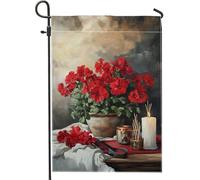 Bandiera da giardino con gerani, rustica botanica con forbici per candele estive in iuta rossa su entrambi i lati, bandiere decorative per esterni, patio, prato, portico anteriore, balcone, 30,5 x