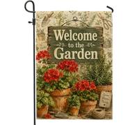 Bandiera da giardino con gerani, rustica vintage, vasi di erbe aromatiche, verde primavera, doppia faccia, piccola bandiera da giardino per esterni, patio, prato, portico, ingresso, campeggio, 30,5 x