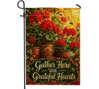 Bandiera da giardino con gerani, vasi da fiori rustici da giardino con api primaverili rosse su entrambi i lati, bandiere decorative per esterni, patio, prato, portico anteriore, balcone, 30,5 x 45,7