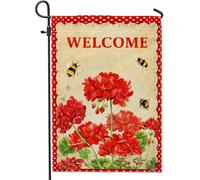 Bandiera da giardino con gerani, vintage floreale con api a pois rosso primaverile su entrambi i lati, piccola bandiera da giardino per esterni, patio, prato, portico anteriore, balcone, 30,5 x 45,7