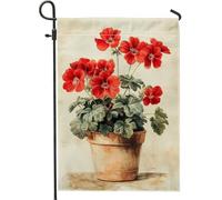 Bandiera da giardino con geranio rosso primaverile ed estate, bandiera vintage con design floreale per la casa, decorazione per la casa, decorazione per cortile in iuta su entrambi i lati, per prato