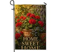 Bandiera da giardino con geranio, rustica vintage lavanda vaso di fiori rosso primaverile su entrambi i lati, piccola bandiera da giardino per esterni, patio, prato, portico anteriore, balcone, 30,5 x