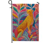 Bandiera da giardino con ghepardo vivace, decorazione da esterno colorata con animali selvatici per l'estate, stile giungla floreale, striscione su entrambi i lati per la decorazione del prato 30,5 x