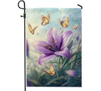 Bandiera da giardino con giglio viola e farfalle, elegante decorazione floreale per esterni, striscione in iuta di alta qualità su entrambi i lati, per la decorazione della casa e delle feste, 30,5 x