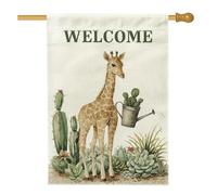 Bandiera da giardino con giraffa di benvenuto, annaffiatoio con animali beige, striscione decorativo per la casa, bandiera da giardino in iuta su entrambi i lati, decorazione per esterni, 71 x 101 cm
