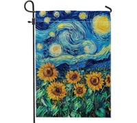 Bandiera da giardino con girasole vibrante e notte stellata, decorazione floreale gialla brillante per esterni per primavera ed estate, bandiera da cortile in iuta su entrambi i lati per decorazione