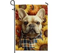 Bandiera da giardino con girasoli e fiori autunnali, striscione decorativo per la casa con cani francesi gialli, decorazione per la casa, in iuta su entrambi i lati, per feste autunnali, 30,5 x 45,7