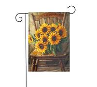 Bandiera da giardino con girasoli su una sedia, 30 x 45 cm, verticale, double face, decorazione per case in campagna, vacanze, esterni, bandiera da cortile
