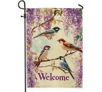 Bandiera da giardino con glicine e uccellini, decorazione floreale viola per esterni, decorazione su entrambi i lati per la casa e il giardino, cartello di benvenuto per la decorazione del prato 30,5