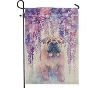 Bandiera da giardino con glicine viola primaverile ed estate, carino cane Shar Pei, decorazione per la casa e il giardino, bandiera da giardino in iuta su entrambi i lati, decorazione per esterni